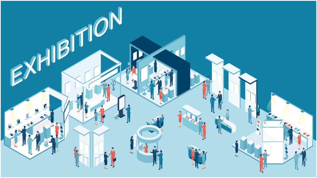 It is an isometric illustration of a business exhibition event that is full of visitors.