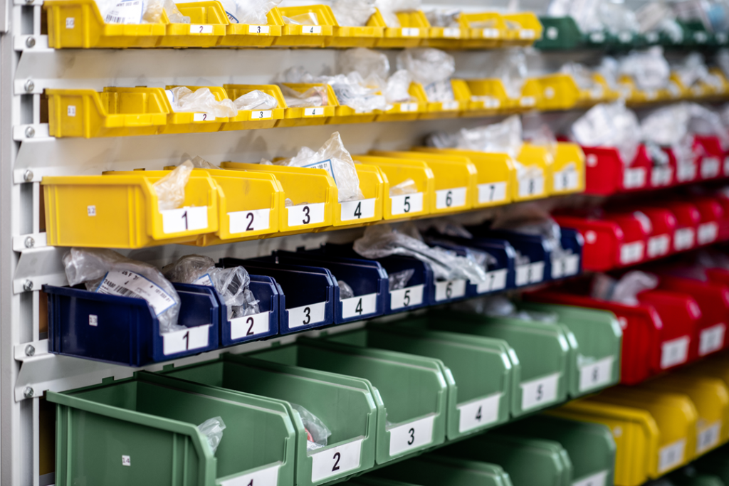 medical use of plastic bins that are labelled in order of importance